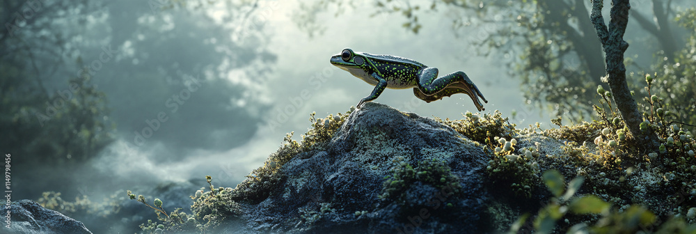 Poster a frog leaping across a lichen-covered rock, with the surrounding fog softly glowing in the twilight