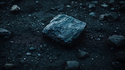 Naklejka premium Close-up of a single rock surrounded by dark soil in a minimalistic natural setting.