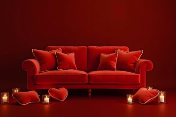 A red velvet sofa surrounded by golden heart-shaped cushions and candles.