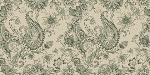 Elegant green floral paisley pattern for textile design and wallpaper.