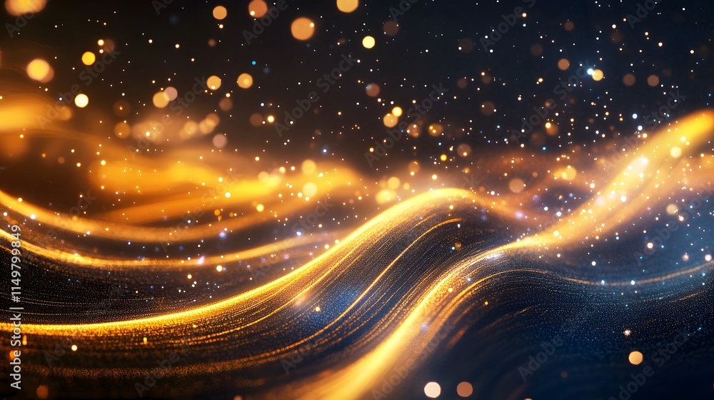 Poster dynamic golden particles flowing through space abstract visuals digital art sparkling light creative