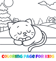 Cat outline coloring page animal vector illustration with winter background