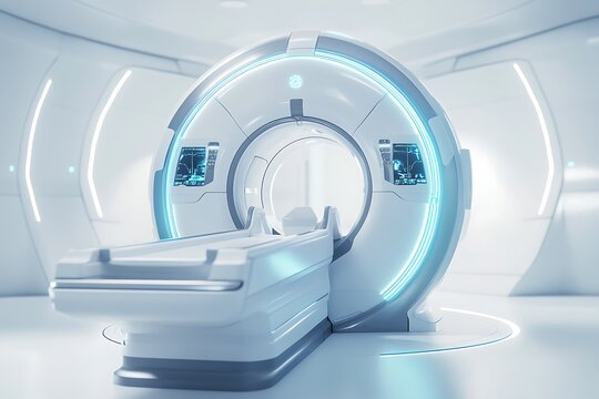 Hospital radiology room with 3d rendering mri scanner machine
