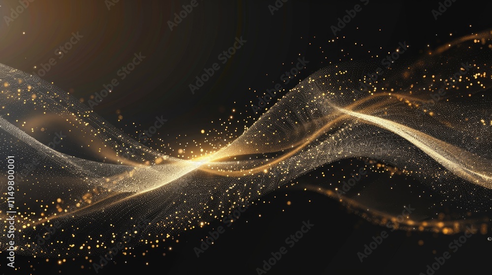 Poster abstract golden waves with sparkling elements on a dark background.