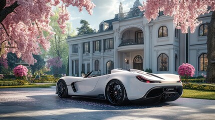 White sports car parked in front of a luxury mansion, surrounded by blossoming trees.