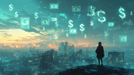 A futuristic skyline made of currency symbols, with a person standing on a rooftop, overlooking the landscape of opportunities and financial ventures. 