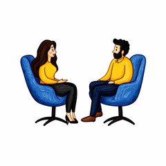 woman and man engage in therapy session, expressing emotions and discussing feelings in comfortable setting. blue chairs create calming atmosphere