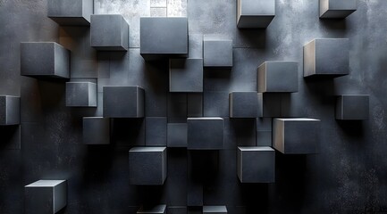 Monochrome 3D cascading cubes in dramatic black backdrop - Generative AI