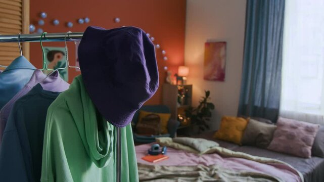 Close-up no people shot of closing rack with purple bucket hat, green hoodie and other items in cozy bedroom