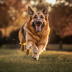 Close-up taken from below of a German shepherd running across the lawn.