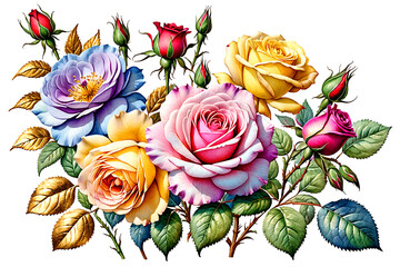 A collection of colorful roses and tiny flowers on a white background - Generative AI
