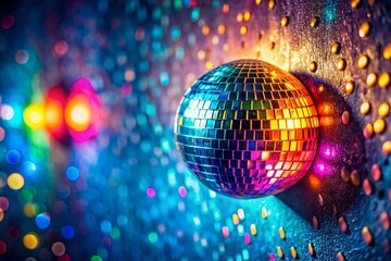 Obraz premium Tilt-Shift Disco Ball Reflections: Vibrant Rotating Light Spots on Wall