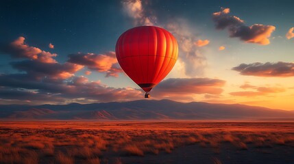 Obraz premium Red hot air balloon flying over a vast, flat desert landscape at sunset.