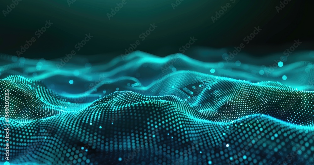 Poster abstract digital waves with glowing particles create a futuristic aesthetic.