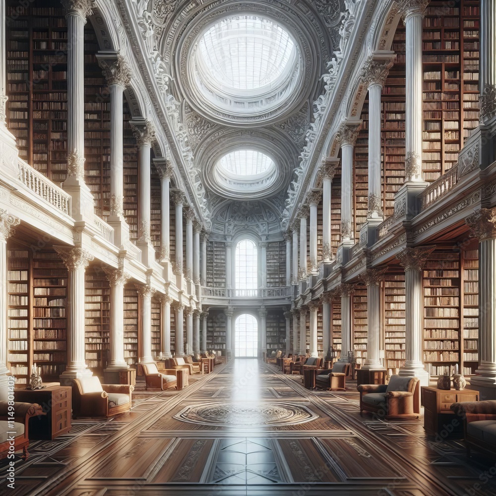 Poster a bright, ornate library interior showcasing classical architecture, large columns, and expansive bo
