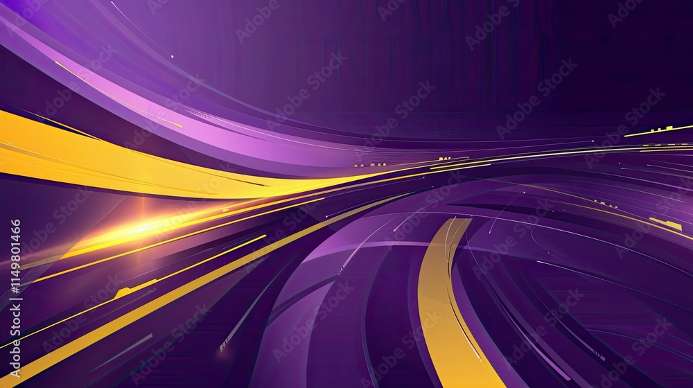 Poster abstract design featuring dynamic purple and yellow lines creating a sense of motion.
