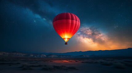 Obraz premium Red hot air balloon glowing at night under the Milky Way galaxy over a desert landscape.