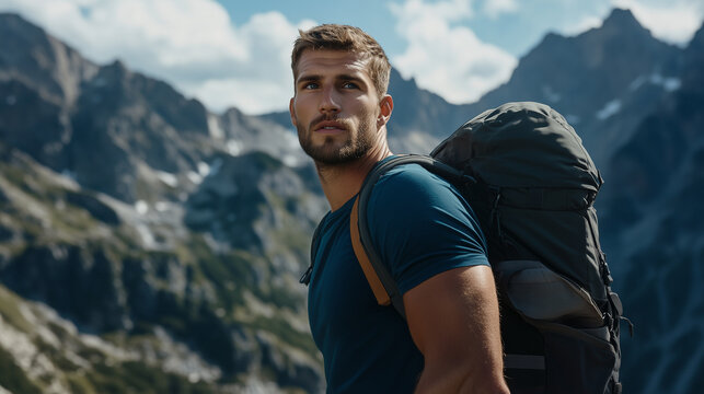 Handsome young man with a backpack standing in front of mountains