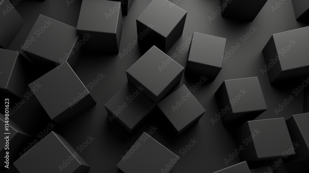 Poster a collection of black cubes arranged on a dark surface, creating a minimalist aesthetic.