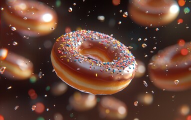 Doughnuts hovering with glossy icing and colorful sprinkles