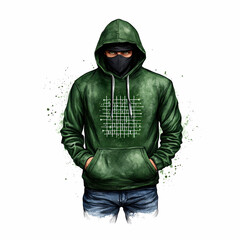 mysterious figure in green hoodie and mask stands confidently, embodying sense of intrigue and anonymity. design features grid pattern, enhancing enigmatic vibe