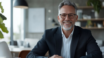 Fototapeta premium Mature businessman in his 50s sitting confidently at a work desk