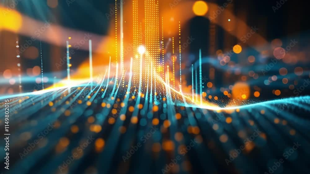 Poster big data streams are flowing into a digital landscape, creating peaks and valleys, representing the 