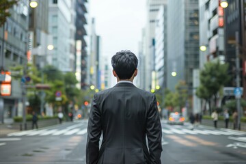 Rear view of businessman standing in city street looking at modern buildings, business and success concept