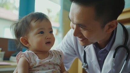 Fototapeta premium A caring pediatric doctor smiles at a curious baby during a check-up in a bright clinic. The young patient seems engaged while receiving attentive care