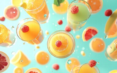 Vibrant fruit juices in glasses floating against a bright and fresh summer backdrop