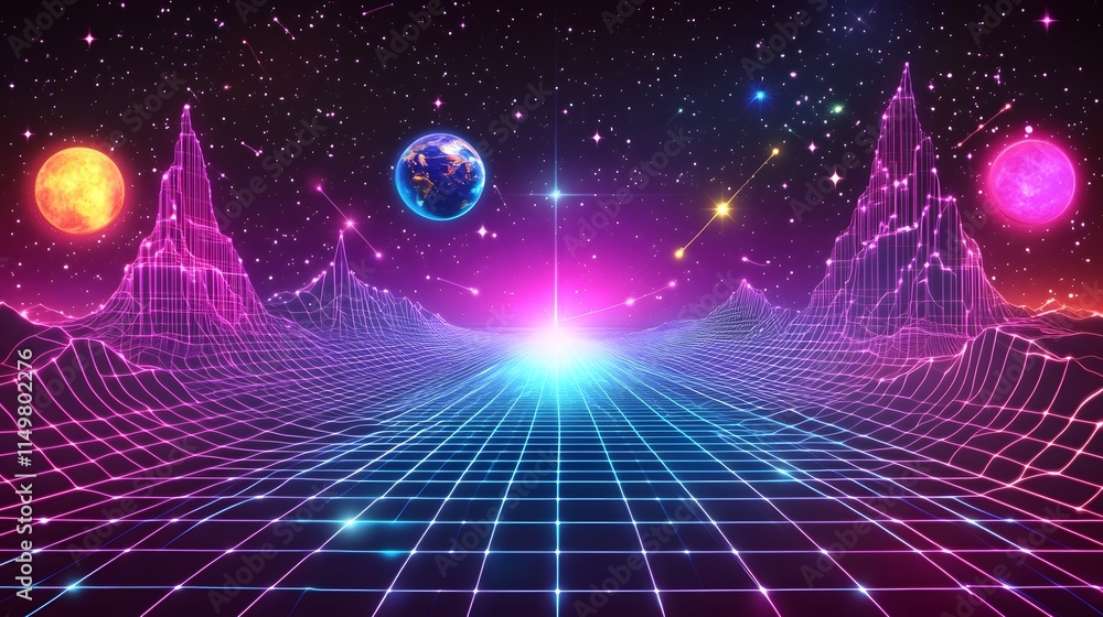 Poster exploring cosmic dimensions a sci-fi landscape with neon grids and celestial bodies