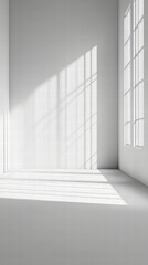 Obraz premium Abstract white studio background for product presentation. empty room with shadows of window. display product with blurred backdrop. space background. Ultra realistic. Photorealistic