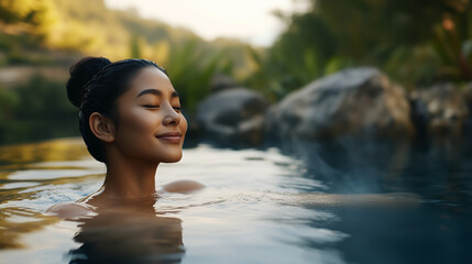 Asian woman enjoying a hot spring with peaceful evening ambiance