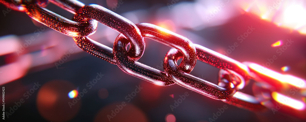 Poster close up of metallic chain link illuminated by vibrant light, showcasing intricate details and textu