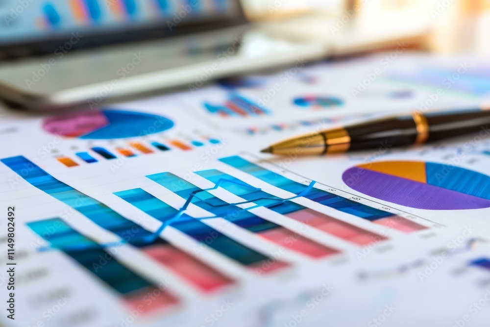 Poster business performance charts and graphs are showing positive growth, with a pen resting on the docume
