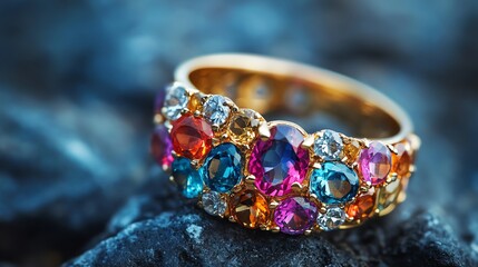 Fototapeta premium A colorful gemstone ring with a gold band on a black background.