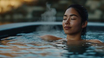 Fototapeta premium Serene portrait of a young Japanese woman relaxing in a hot tub