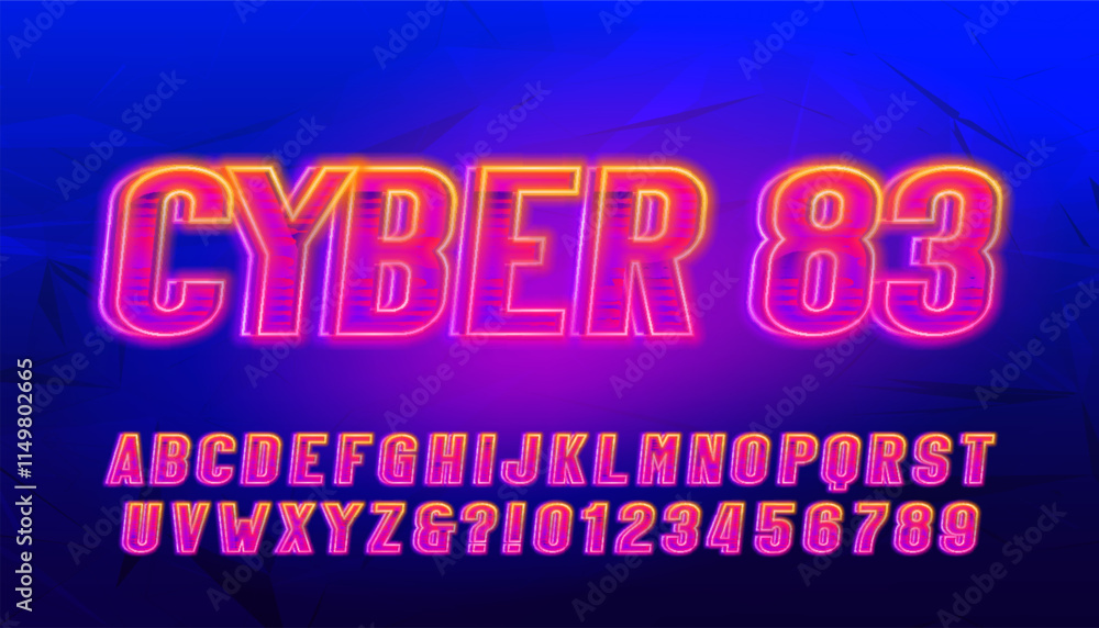 Poster cyber 83 alphabet font. glowing neon 3d letters and numbers. stock vector typeface for your design.