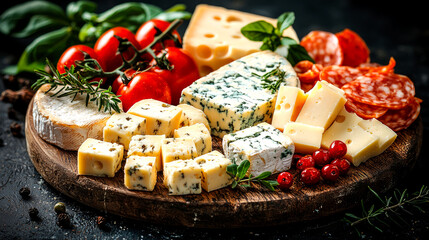 Assorted cheeses, salami, tomatoes, and herbs on a wooden board.