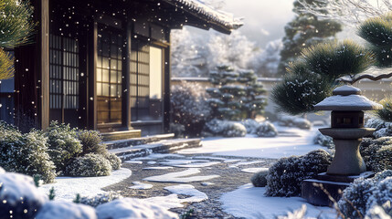 A detailed image of a traditional Japanese New Year's decoration (Kadomatsu) in front of a house, with a snowy Japanese garden in the background.