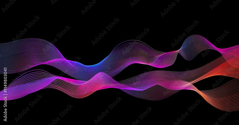 Poster abstract colorful wave patterns on a black background, representing fluid motion and energy.