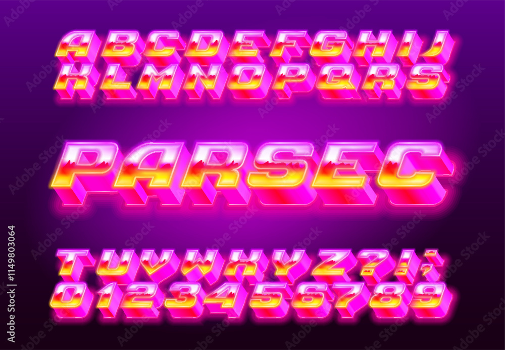 Poster parsec alphabet font. neon glow 3d letters and numbers. stock vector typeface for your design.