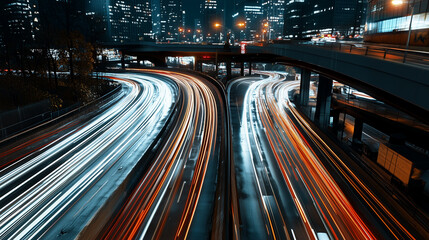 Neon-lit highway at night with vibrant light trails