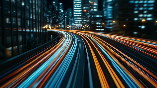 Nighttime highway with colorful neon lights and motion trails