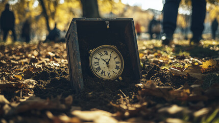 A conceptual image of a time capsule being buried, with items symbolizing current trends and predictions for the future, set in a park during a New Year's Day event.