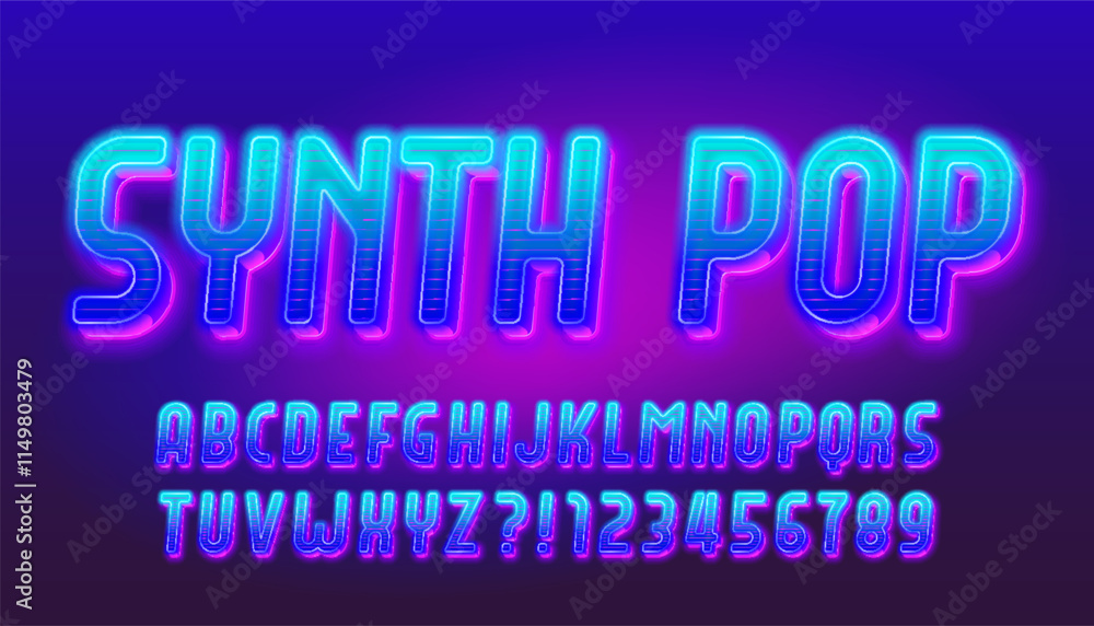 Aufkleber synth pop alphabet font. bright neon 3d letters and numbers. stock vector typeface for your design.