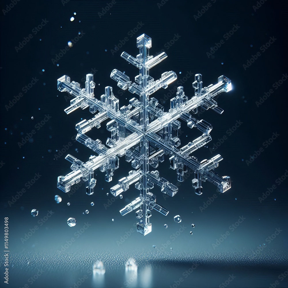 Poster detailed close-up of a translucent snowflake floating against a dark, blurred background. water drop