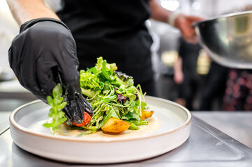 A chef in black gloves skillfully arranges a fresh salad with green leaves and colorful vegetables on a plate, showcasing culinary expertise in a modern kitchen setting.