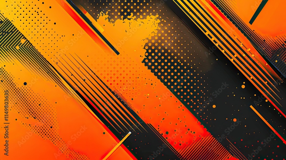 Poster Abstract graphic design featuring vibrant orange and black patterns with dynamic lines and dots.