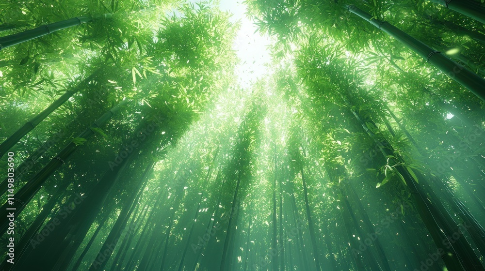 Poster sunbeams illuminate a dense bamboo forest from below, creating a mystical atmosphere.